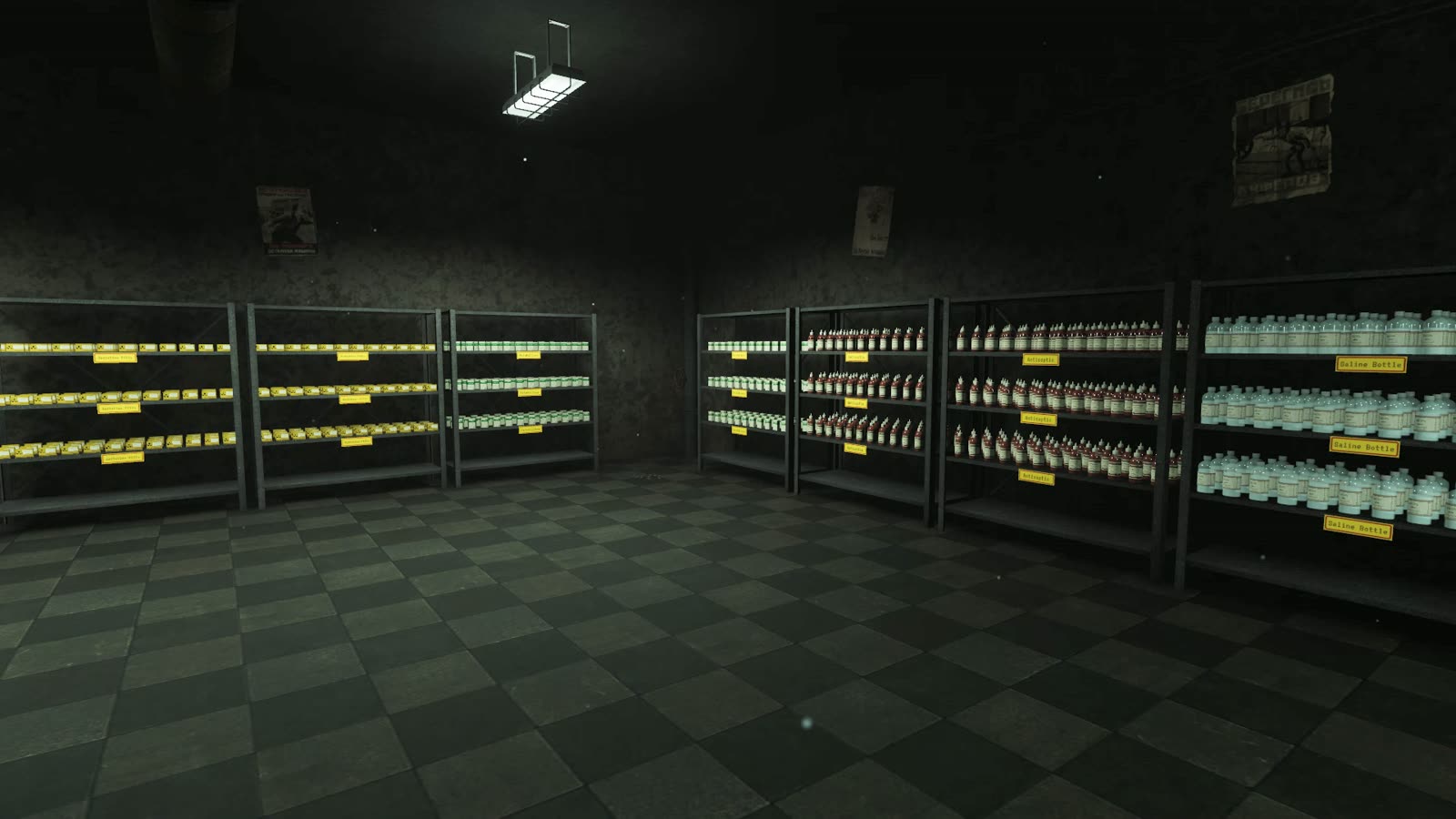 The same stockroom with every shelf filled and the floor clear